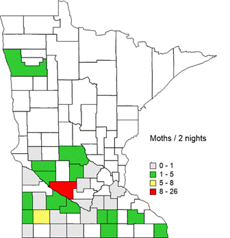 A map of minnesota with a red and green area showing black cutworm moth captures