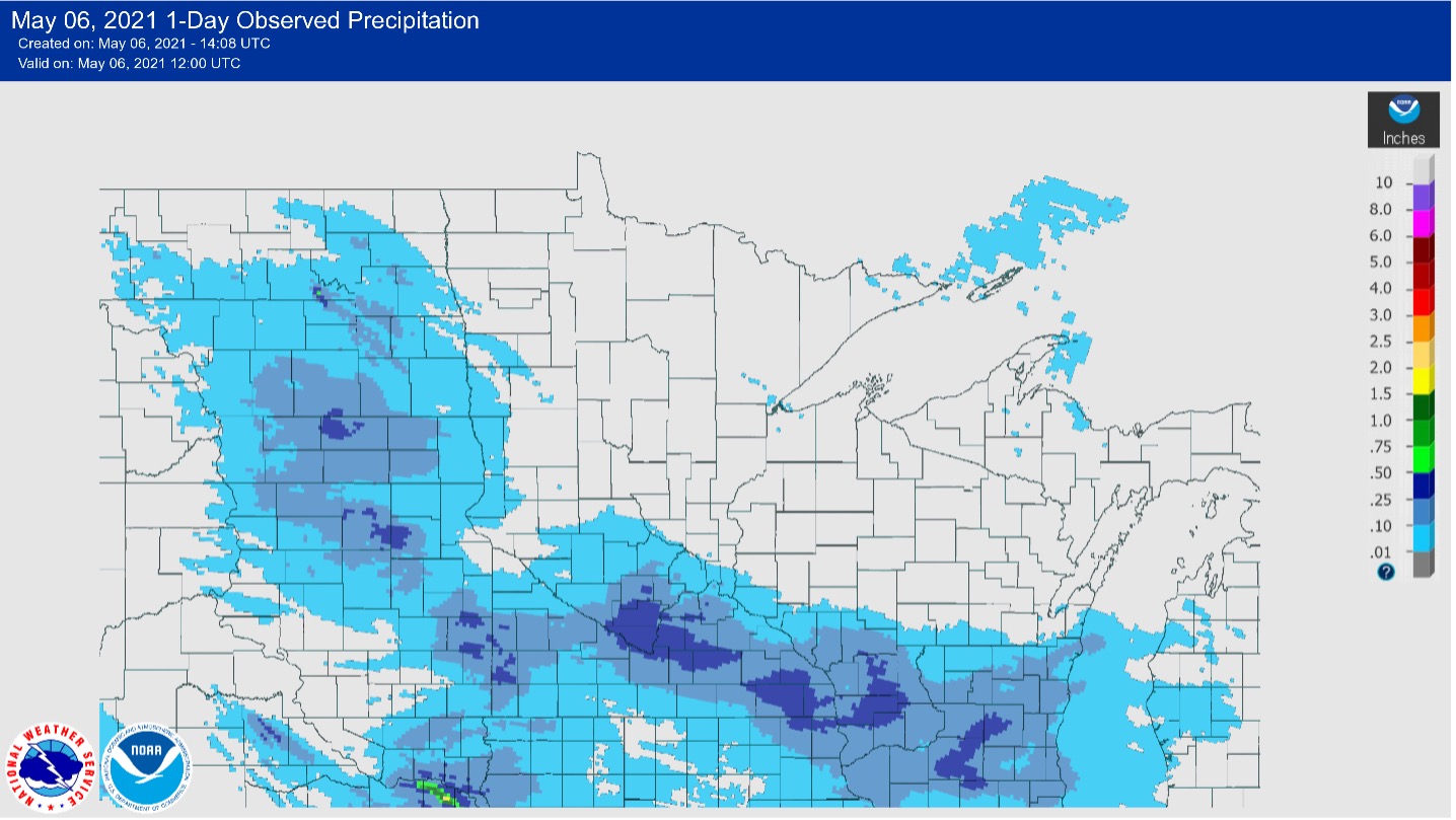 May 6, 2021 precipitation accumulation map of MN, SD, ND and WI