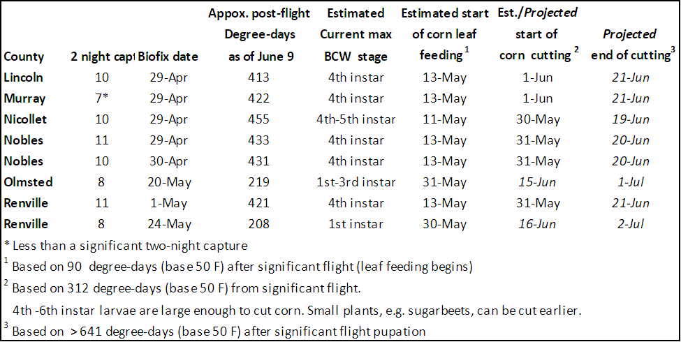 Table of Black cutworm development projections