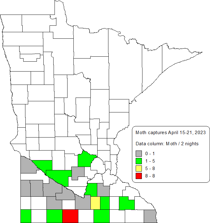 A map of the state of minnesota showing moth captures from April 15-21,2023