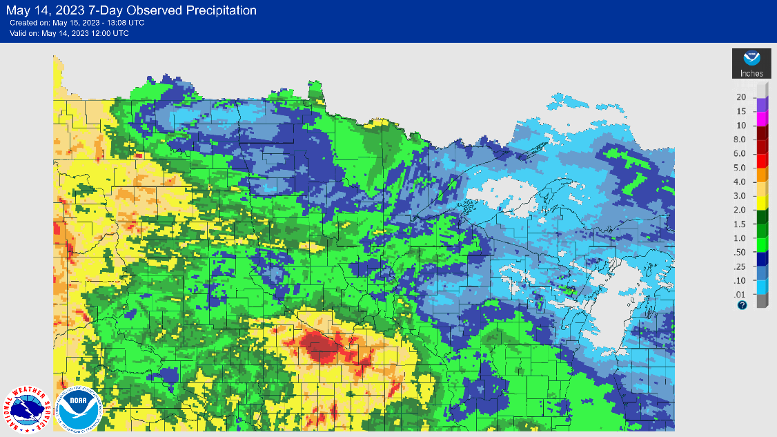 Map of southern MN showing rainfall amounts from May 8-14
