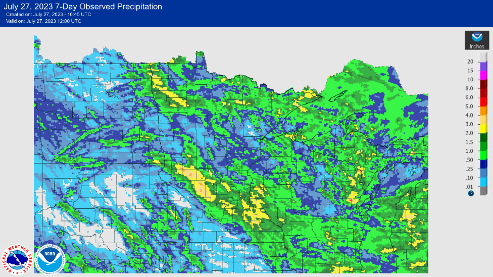 Weather radar photo showing rainfall in the past week. 
