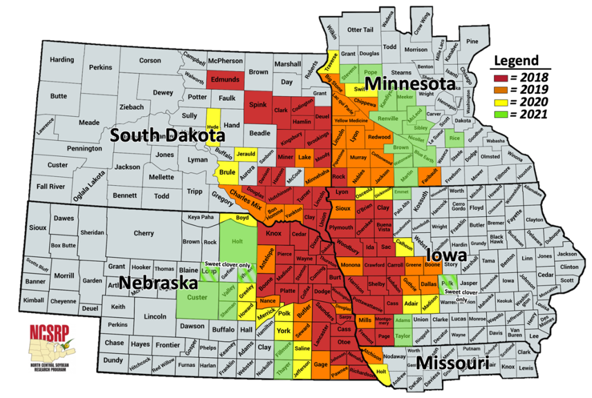 Map showing counties in South Dakota, North Dakota, Nebraska, Minnesota, Iowa and Missouri with soybean gall midge infestations dicovered in 2018, 2019, 2020, and 2021