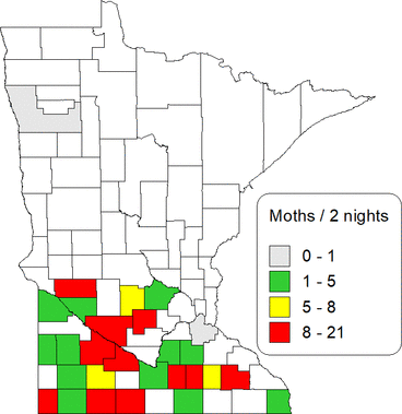 MN map showing BCW moth captures April 7-May 26